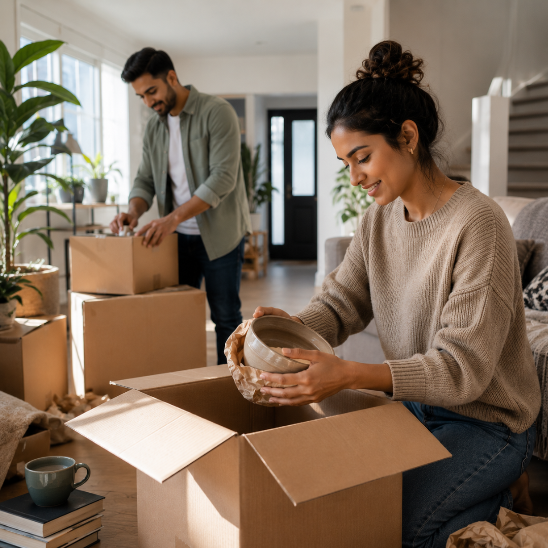 A couple packing their home preparing for a moveing for a move