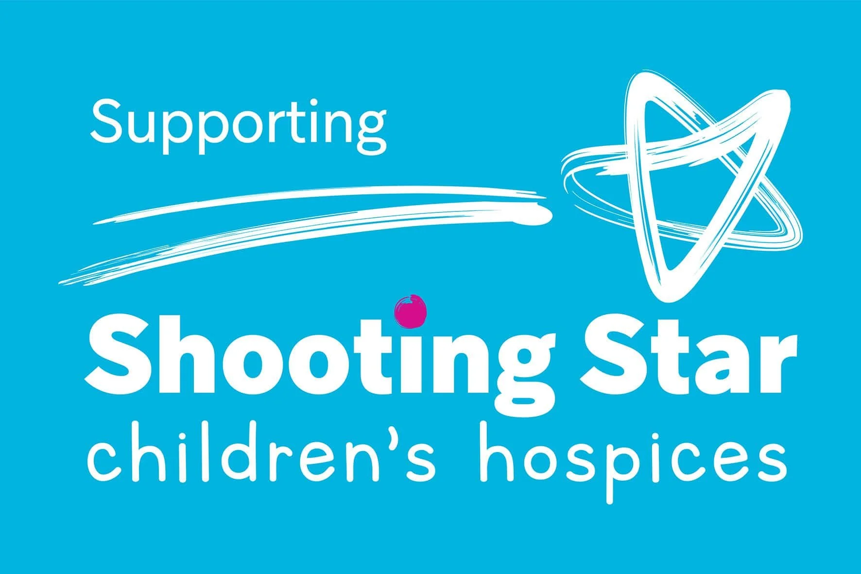 Graphic promoting supporting Shooting Star Children's Hospices with a teal background, white stylized star and brushstroke, pink star icon, and white text.