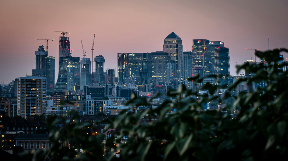 City skyline of downtown with high-rise buildings under a dusky sky, some buildings are under construction with cranes visible, greenery in the foreground.
