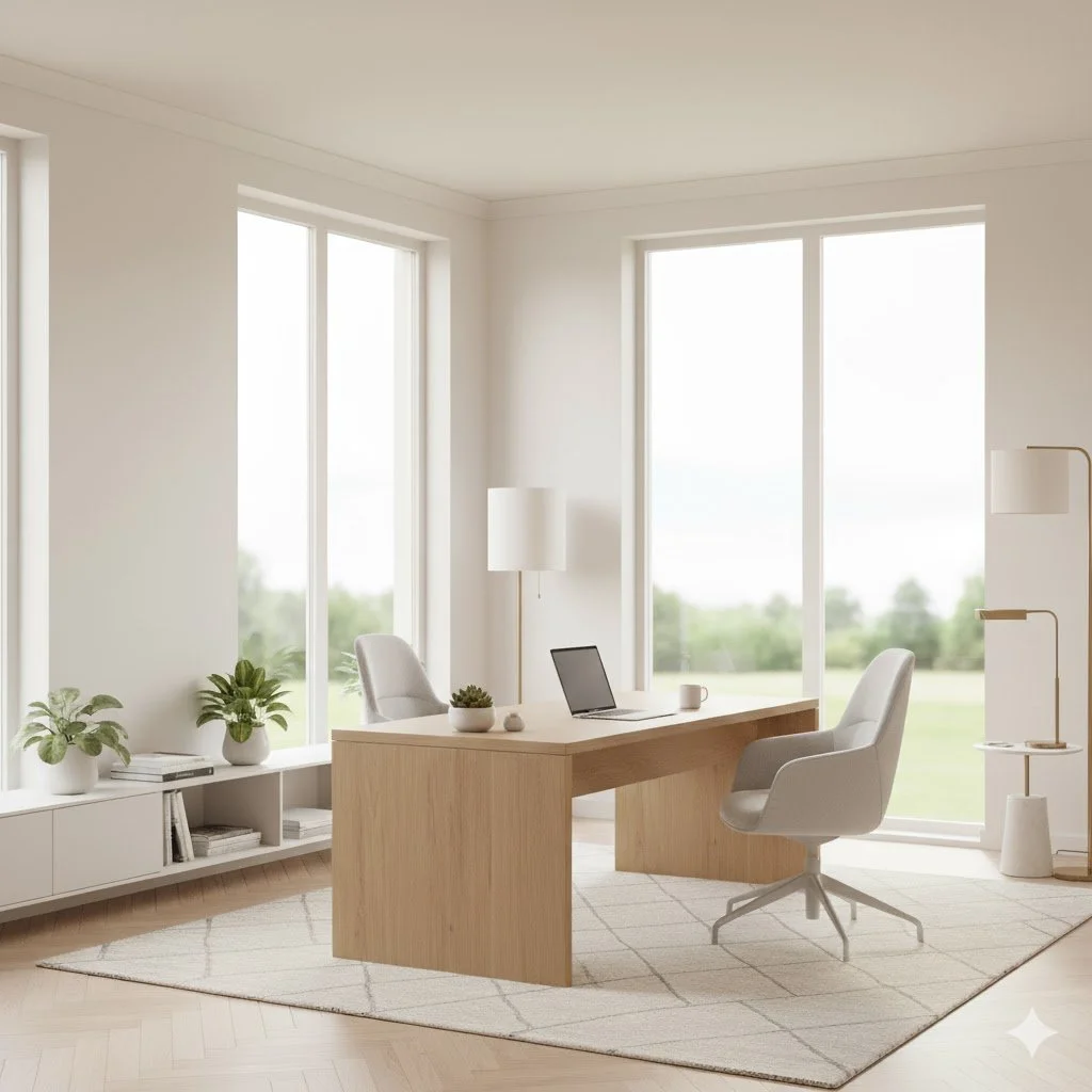 Helles, modernes Büro mit großem Holzschreibtisch, zwei eleganten Stühlen, Laptop und Pflanzen. Große Fenster lassen natürliches Licht herein und schaffen eine ruhige, professionelle Atmosphäre.