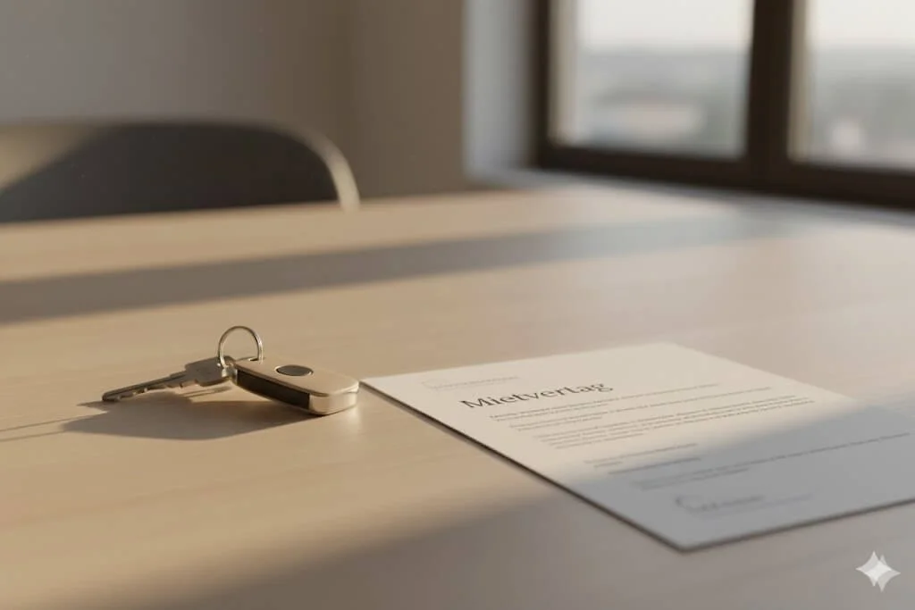 Schlüsselbund auf Tisch neben Mietvertrag – steht für reibungslose Vermietung und professionelle Immobilienabwicklung durch Verovia Immobilienmanagement Stuttgart.