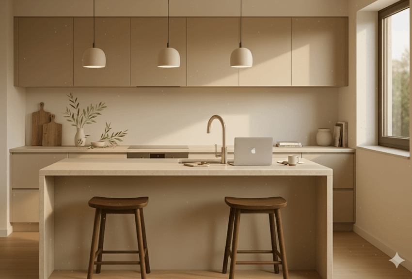 Helle, moderne Küche mit Laptop auf Küchentheke – Symbol für digitale Hausverwaltung und persönliche Beratung durch Verovia Immobilienmanagement Stuttgart.