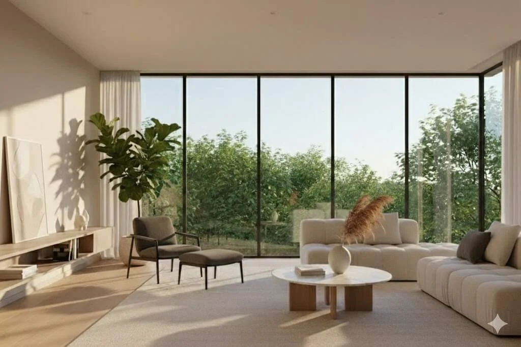 Modernes, helles Wohnzimmer mit großen Fenstern – Symbol für gepflegte Immobilien und ansprechende Wohnräume beim Verkauf und der Vermietung durch Verovia Immobilienmanagement Stuttgart.