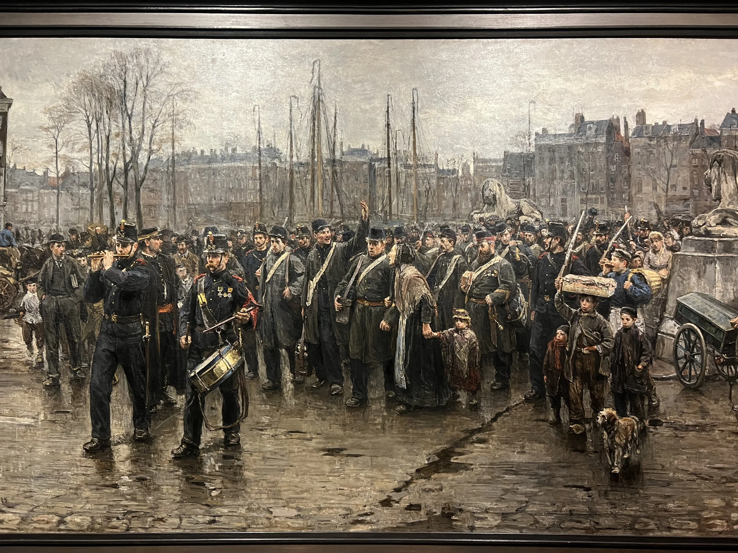 Painting of soldiers marching in the 1800s in greys and browns. Realism style and clearly showing the suffering of the layperson.