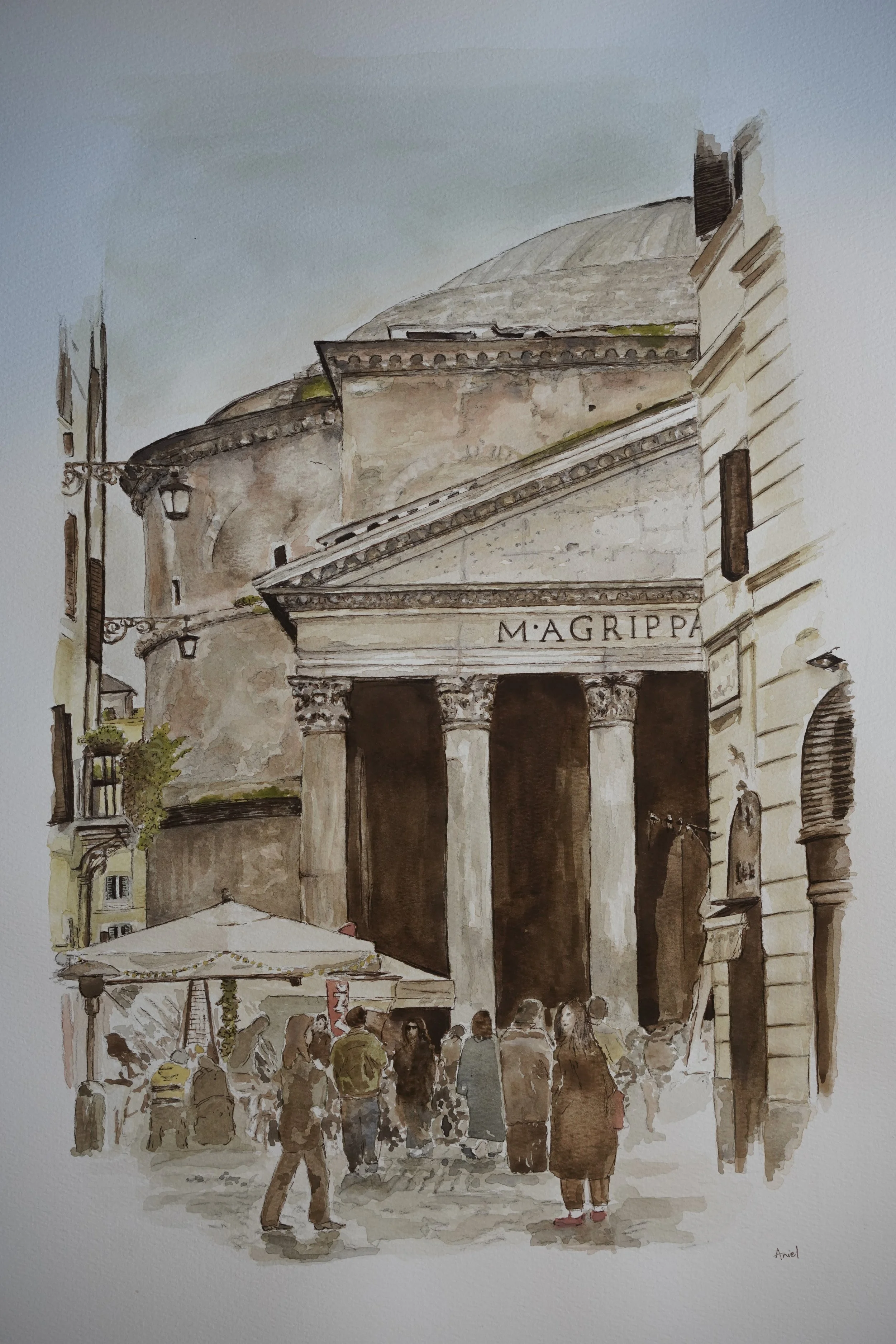 Watercolour artwork of the Pantheon in Rome, Italy.