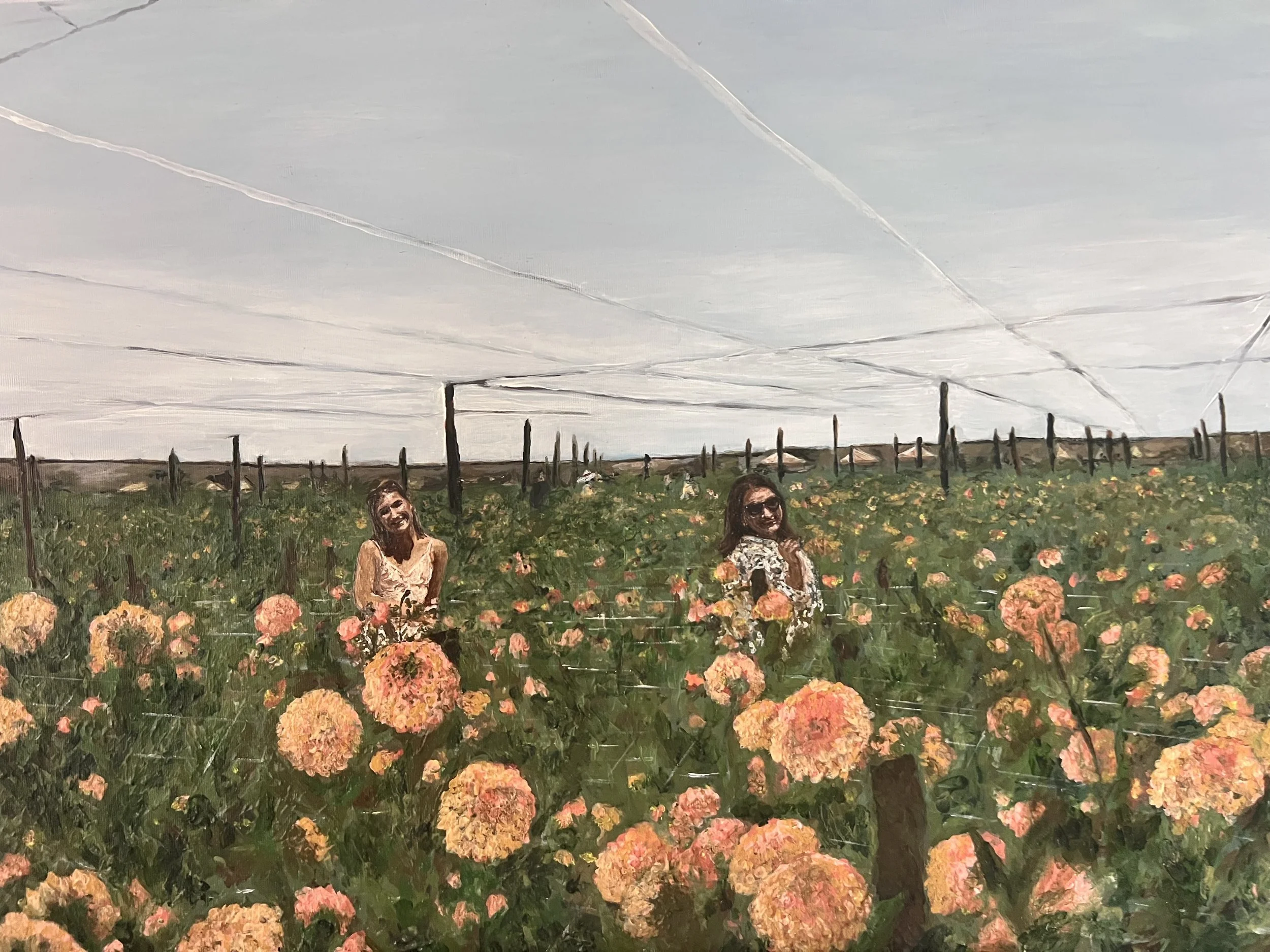 Painting of a mother and daughter in a field of flowers.