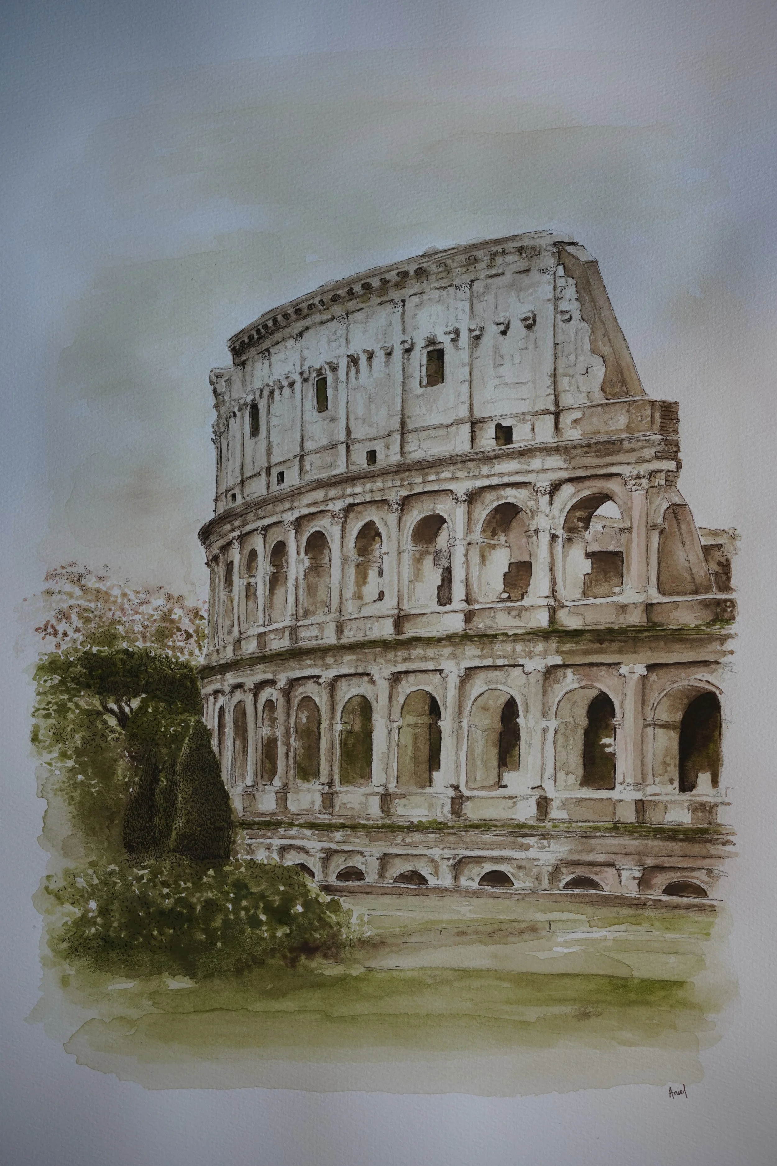 Watercolour artwork of the Colosseum in Rome, Italy.