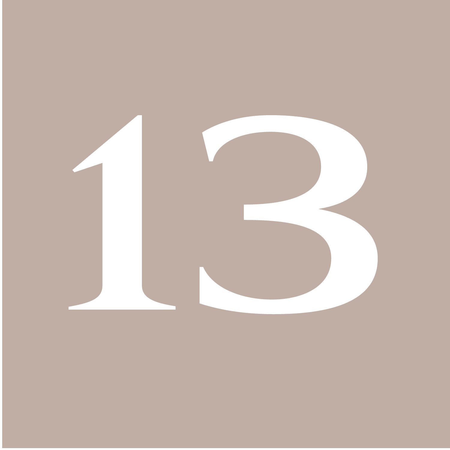 Large white number 13 on a beige background.