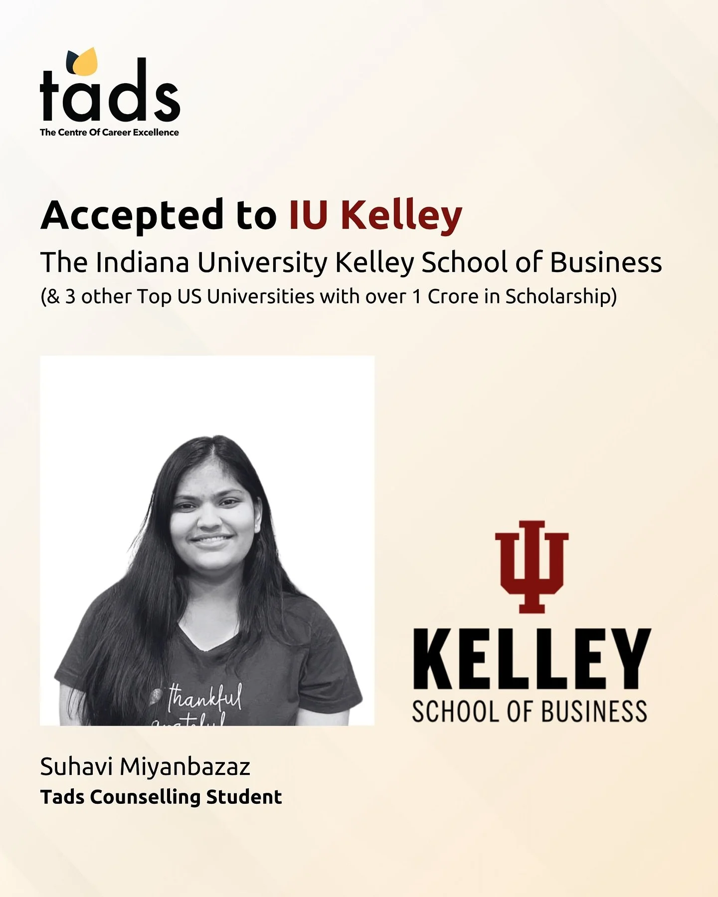 We recall with great pride Suhavi&rsquo;s admission to Indiana University&rsquo;s Kelley School of Business 🇺🇸, an institution consistently recognized among the top business schools in the United States for its academic excellence and focus on glob