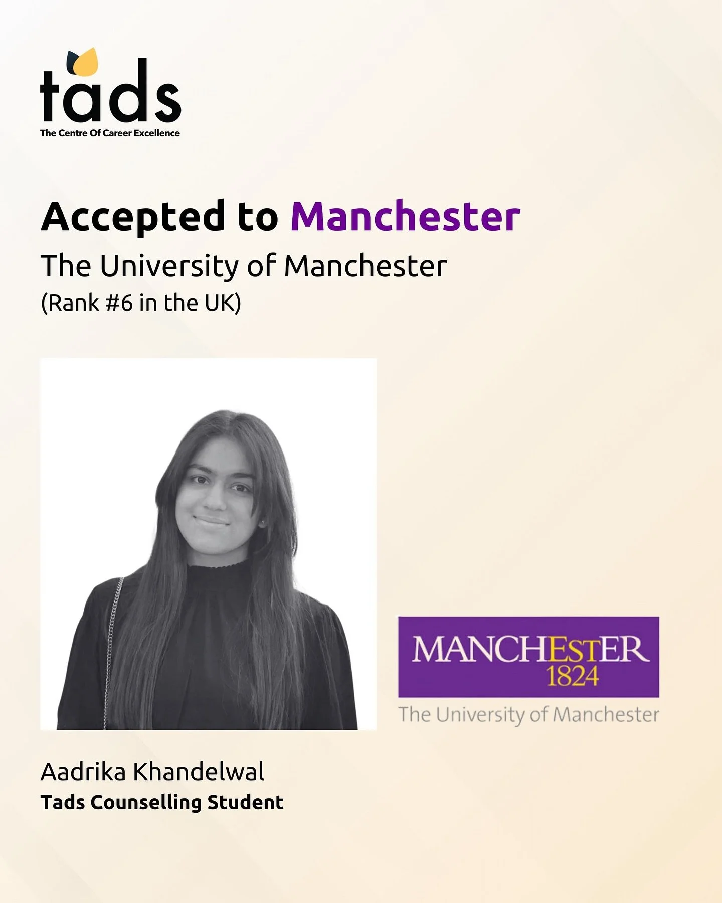 Revisiting one of our proud milestones, the admit of our counselling student, Aadrika, to The University of Manchester 🇬🇧, ranked 6th in the UK (QS World Rankings) and renowned for its academic excellence and selectivity among international applica