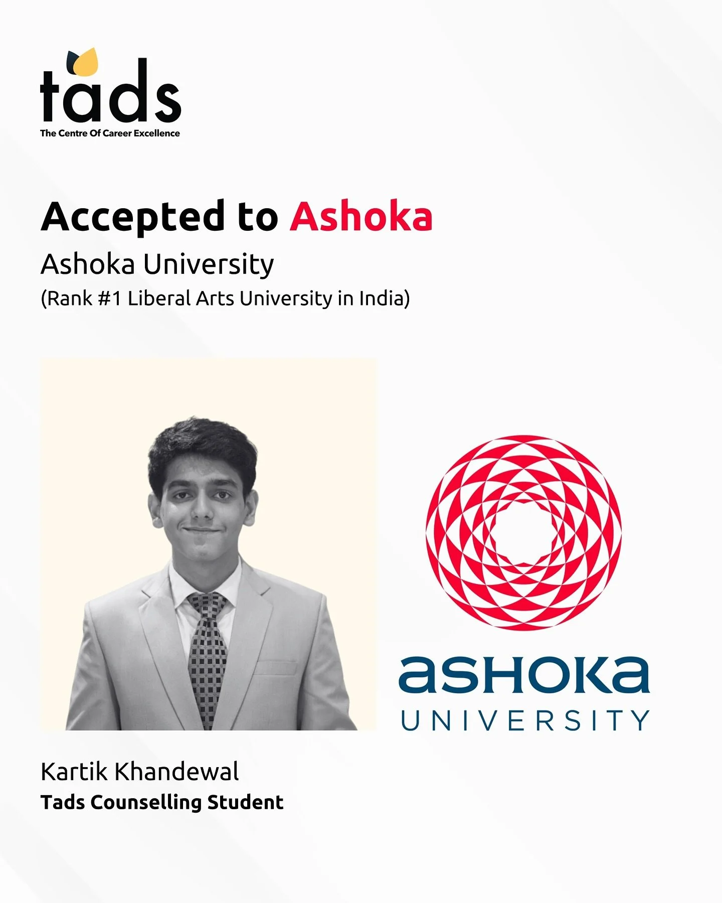 We take pride in reflecting on Kartik&rsquo;s admission to Ashoka University 🇮🇳, India&rsquo;s #1 Liberal Arts institution, renowned for its highly selective admissions and for offering academic depth through cross-disciplinary learning, making it 