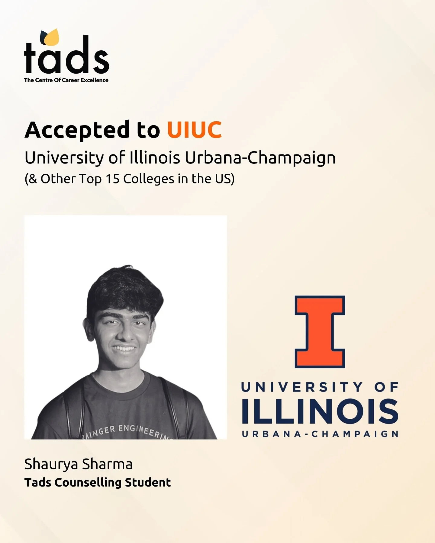 We take a moment to look back on Shaurya&rsquo;s remarkable admission to The Grainger College of Engineering at the University of Illinois Urbana-Champaign (UIUC) 🇺🇸, ranked #5 among undergraduate engineering programs. 

Our counselling student, Sh
