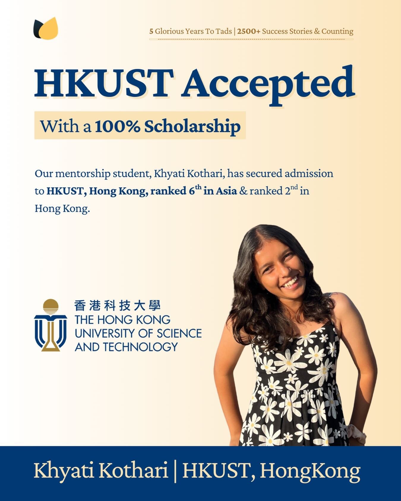 2.5 years ago, Khyati didn&rsquo;t come to us just for an &ldquo;admit.&rdquo; She came to build a direction.

Today, she&rsquo;s heading to HKUST with a 100% scholarship, and this win has years of quiet, consistent work behind it.

Together, we didn