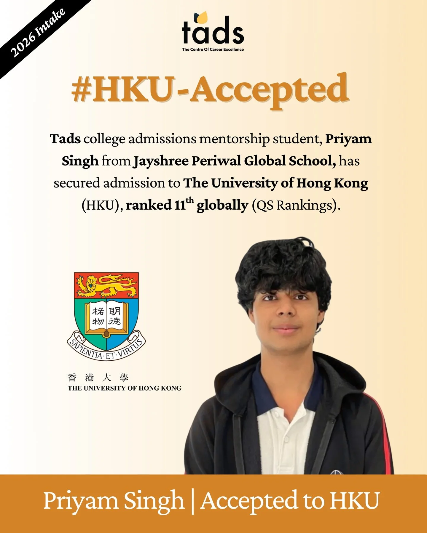 The University of Hong Kong 🇭🇰, ranked 11th in the QS world rankings, is among one of Asia&rsquo;s most prestigious and competitive universities.

Our counselling student, Priyam, has received admission to The University of Hong Kong and we are so 
