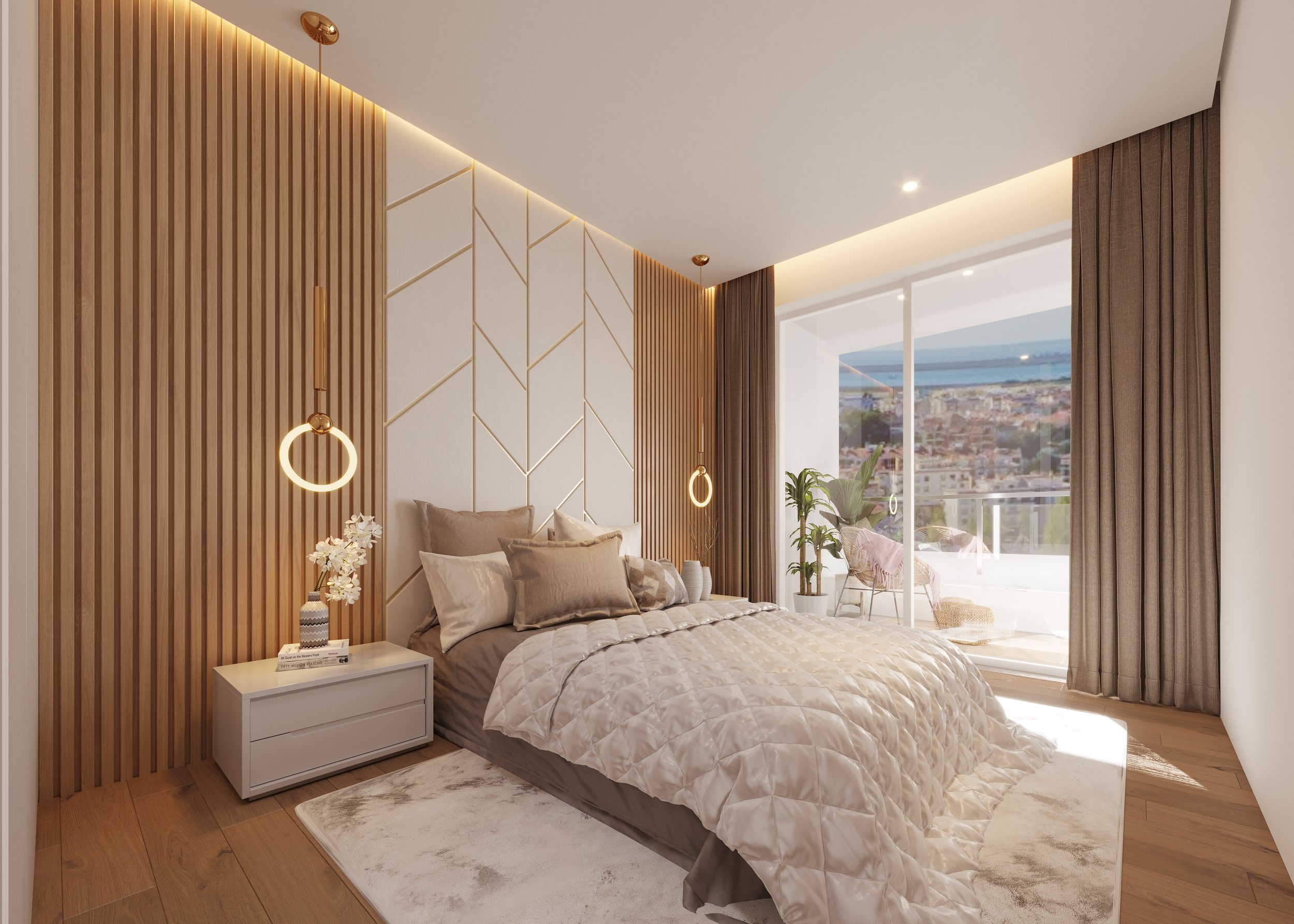 Quarto com parede de madeira e tapete branco, cama com cobertor de quilting e travesseiros, luminária de círculo pendurada, mesa ao lado com livros e vaso de flores, janelas grandes com cortinas e vista para cidade.