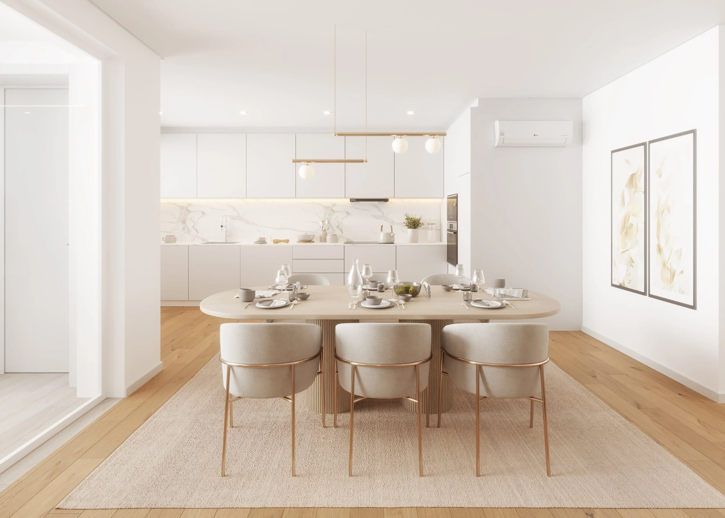 Sala de jantar com mesa de madeira rodeada por oito cadeiras cinzas e taças de vidro, em ambiente iluminado com paredes brancas, quadros na parede direita, ar-condicionado e luminária moderna no teto.
