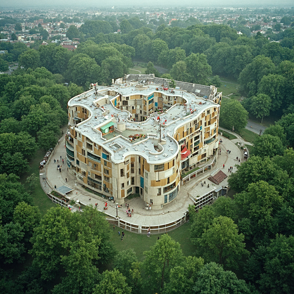 An aerial view of a modern, uniquely shaped building surrounded by dense green trees.