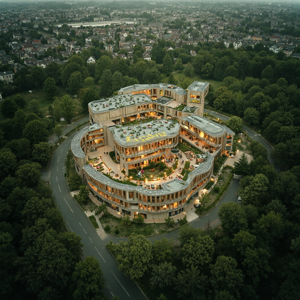 An aerial view of a modern, multi-story building shaped like a bear, surrounded by lush green trees and a winding road, with a cityscape in the background during dusk.