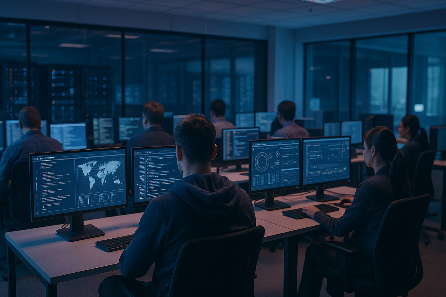 A room full of people working on multiple computer screens in a darkened office, possibly a security or data analysis center.