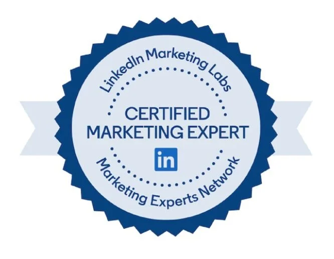 Digital badge with blue scalloped border, label reads "LinkedIn Marketing Labs Certified Marketing Expert," including the LinkedIn logo and surrounding text.