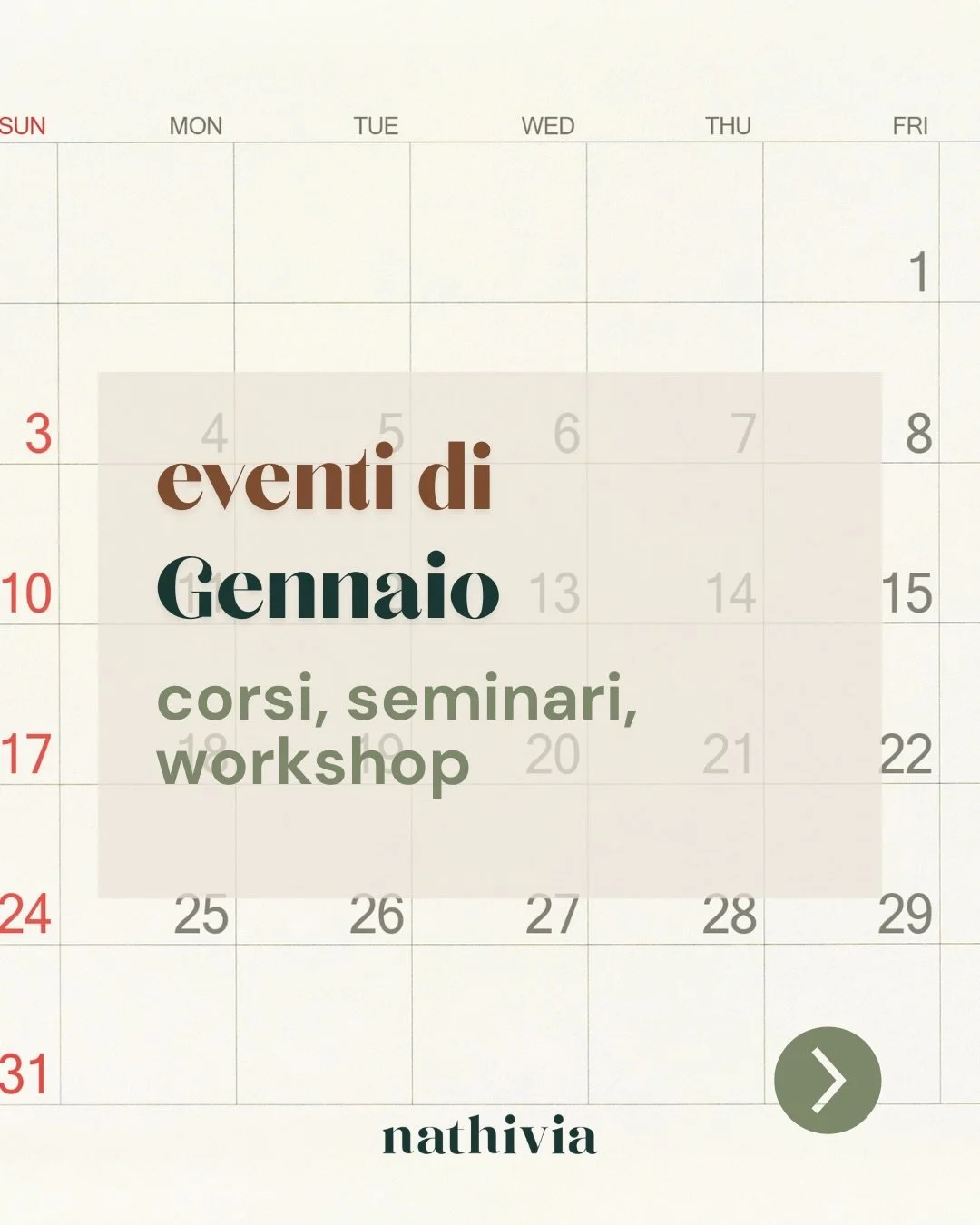 Il 2026 sar&agrave; un anno ricchissimo di eventi per Nathivia.
Proprio in questi giorni stiamo pubblicando sul sito nuovi ritiri, seminari e incontri. 

✨ Nel frattempo, qui trovi quelli di gennaio.
Per qualsiasi info non esitare a scriverci in DM.
