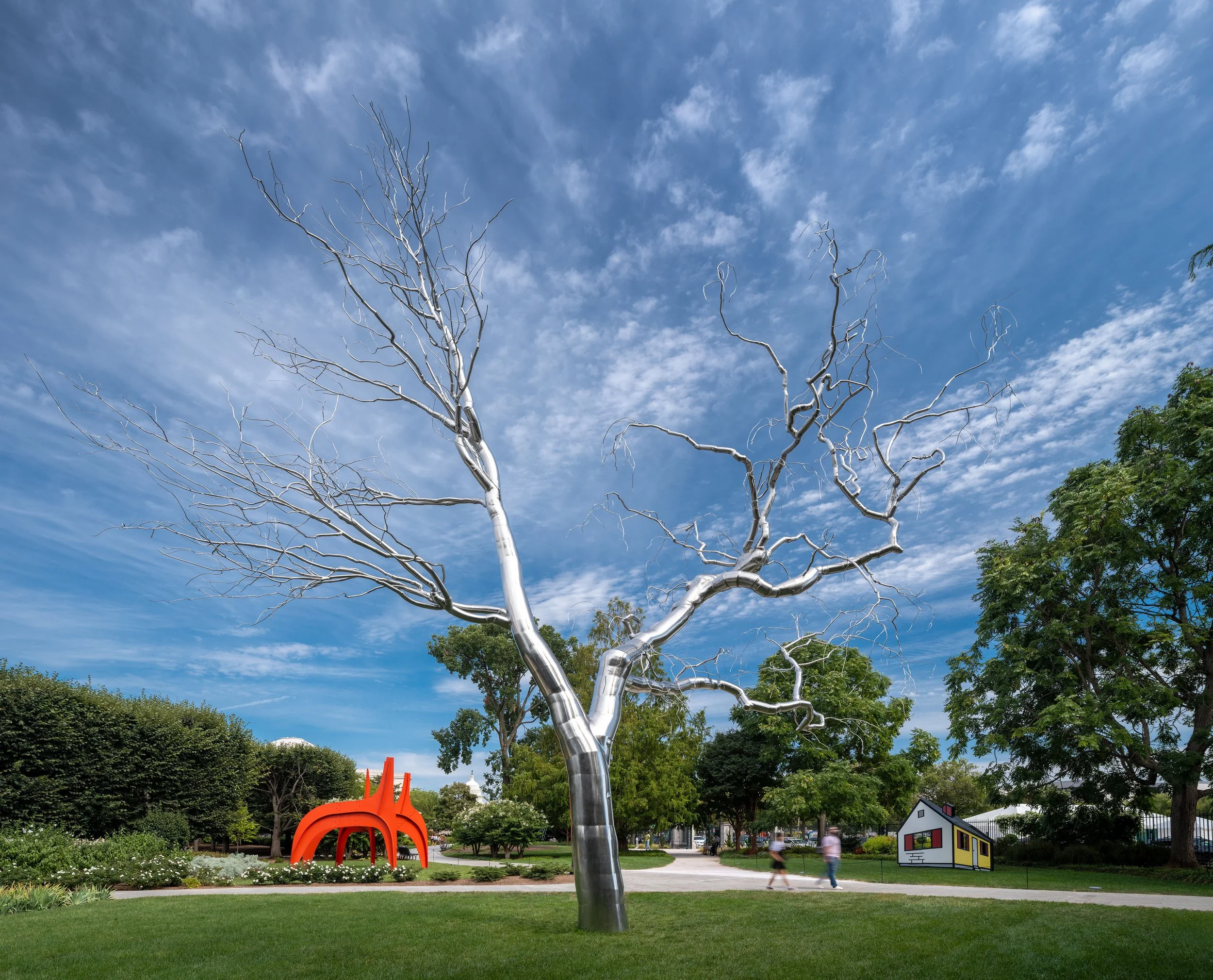 Alexander Calder, "Cheval Rouge" (1974); Roxy Paine, "Graft" (2008-2009); Roy Lichtenstein, "House" (1996-98) / National Gallery of Art Sculpture Garden