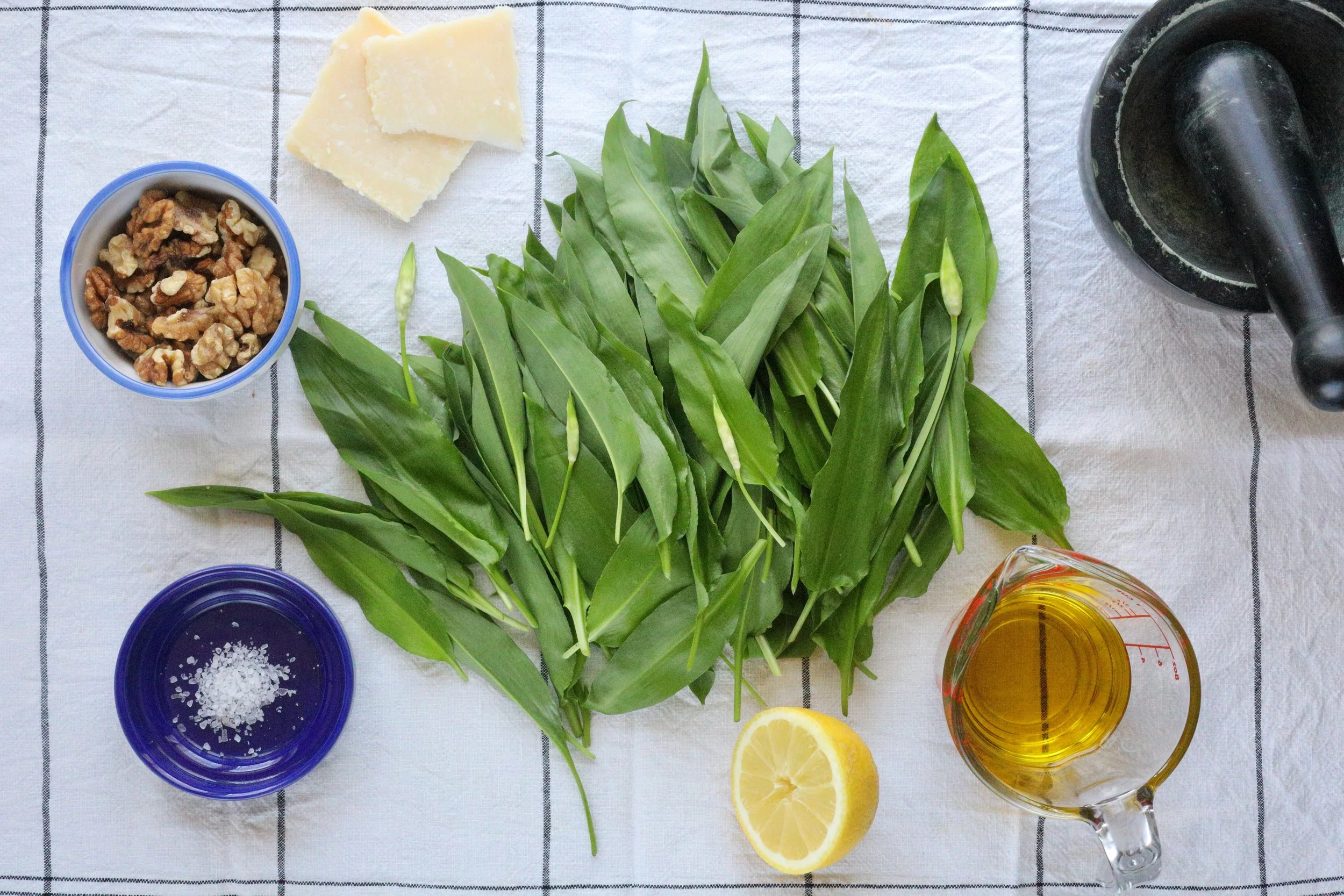 various ingredients for wild garlic pesto recipe