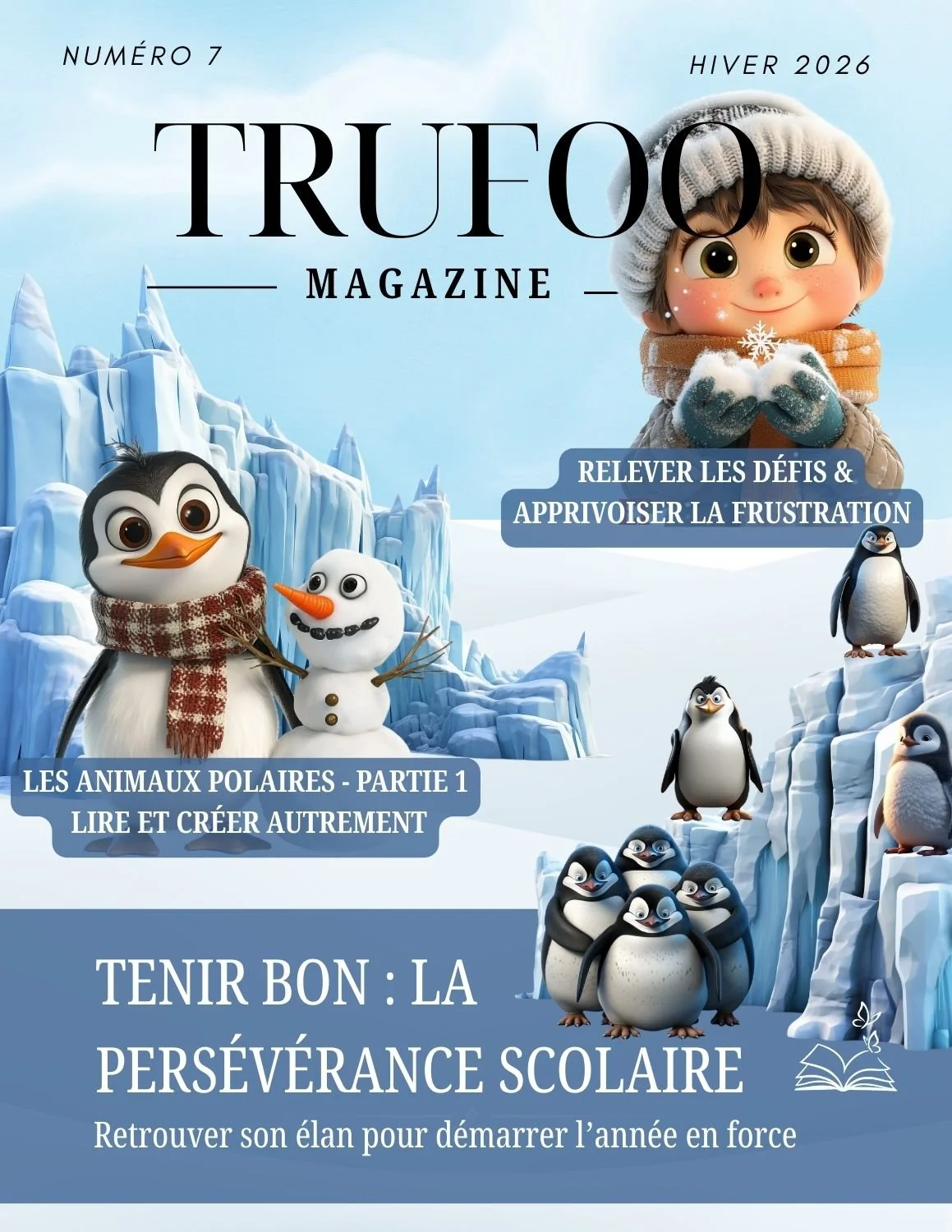 Trufoo Magazine hiver - relever les défis et apprivoiser la frustration, tenir bon : la persévérance scolaire, outils pratiques pour le soutien de l'estime de soi des enfants de 4 à 9 ans, conseils aux parents, activités éducatives sur les animaux