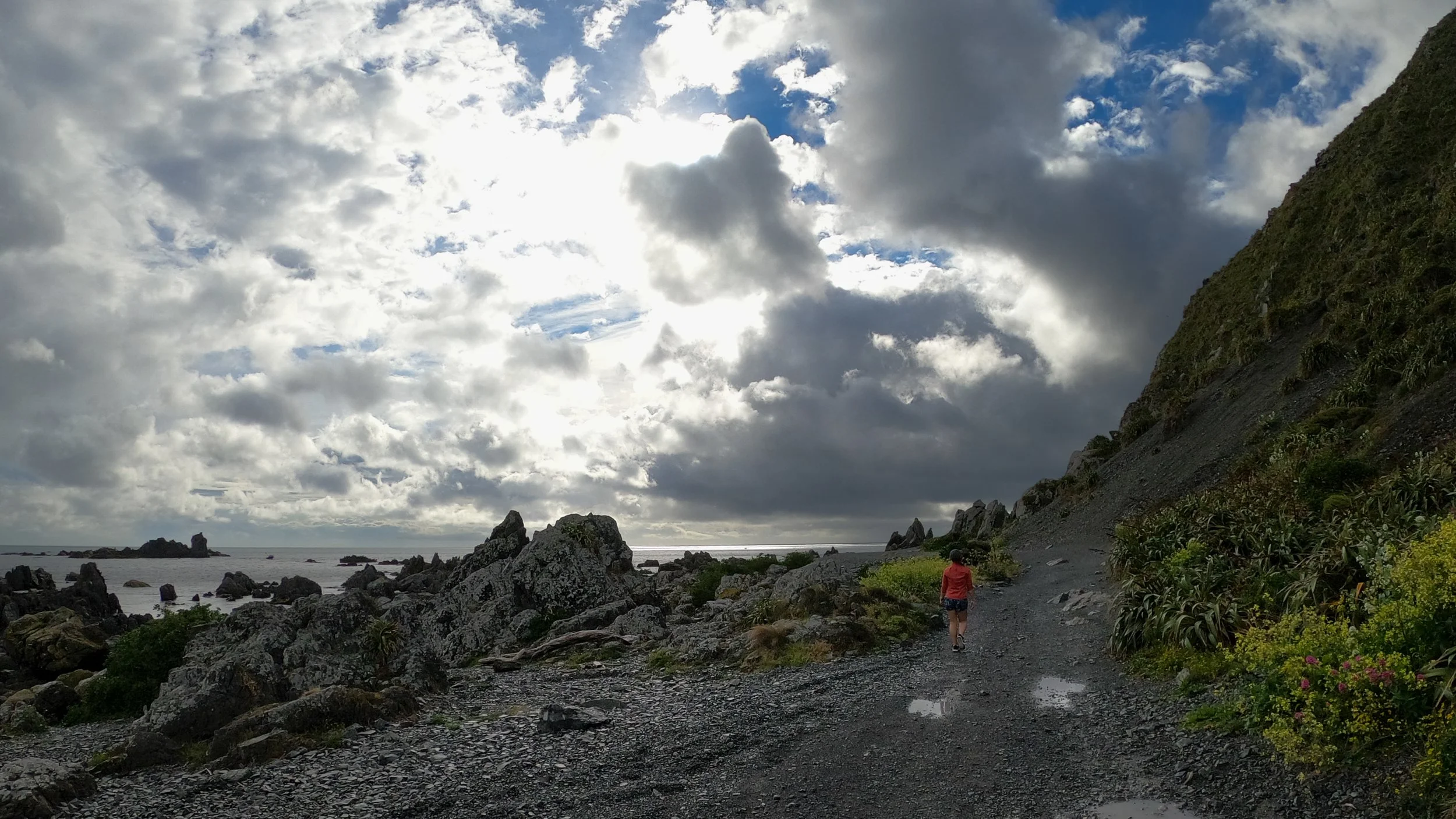 megan walking along coastal trail.sky is overcast with sun peaking through. rocky coastline, land rises to the right. Megan wearing pink long sleeve and blue shorts