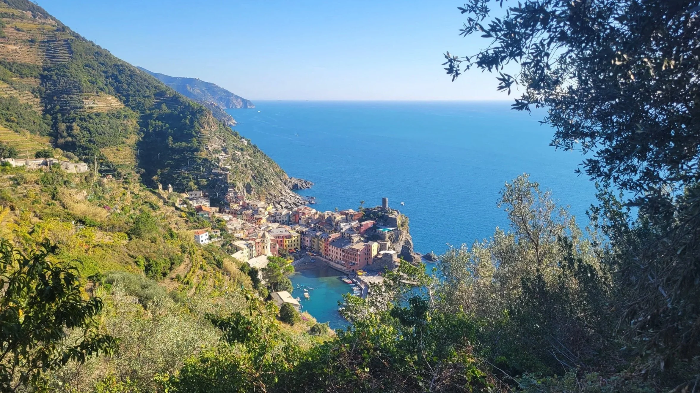 Vernazza sits below, a colourful town straddling land and sea. the brilliant blue water stands against the bright greens of the land in sharp contrast.
