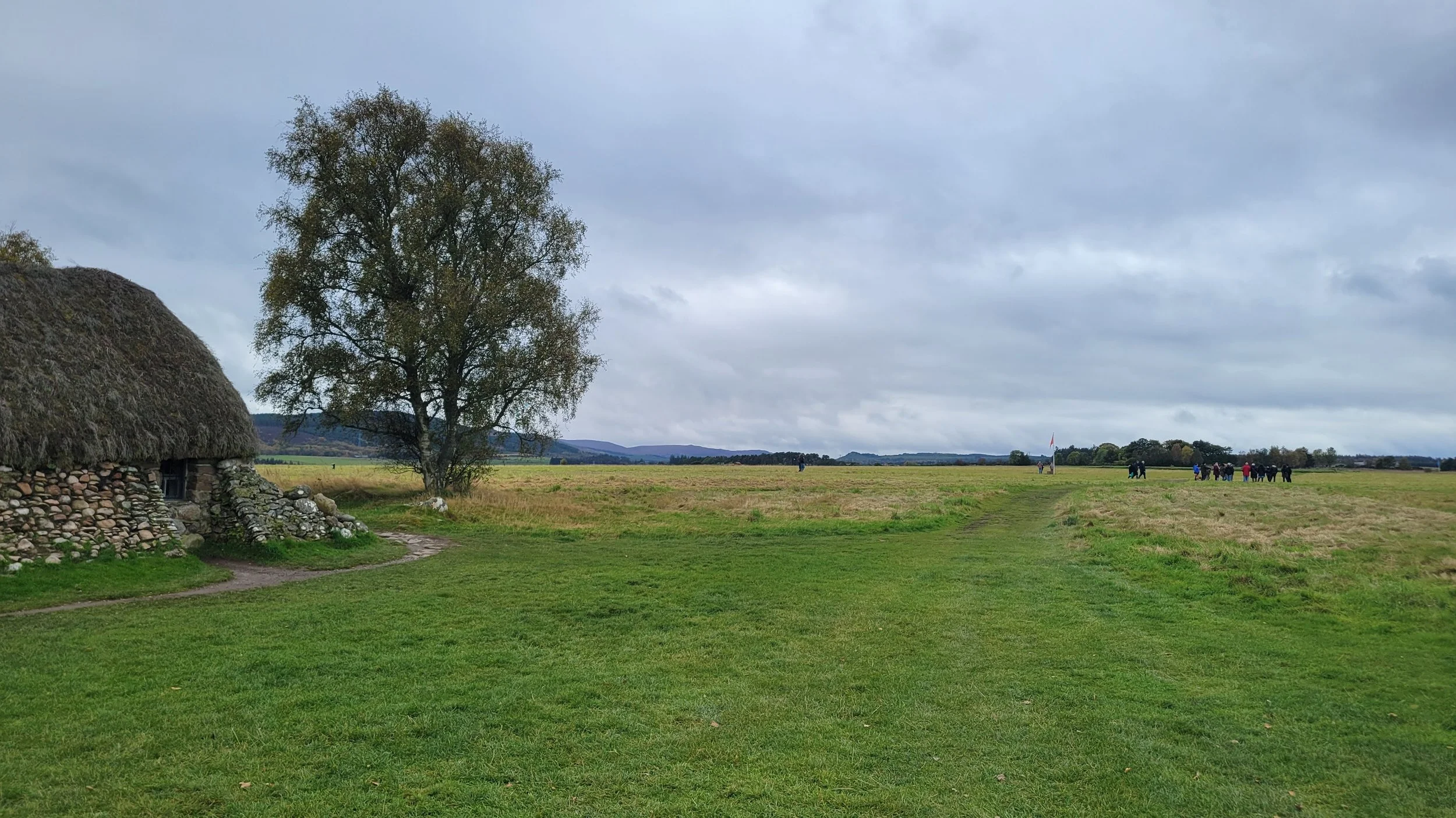 looking out over the Culloden battlefield stone thatched roof hut and lone tree