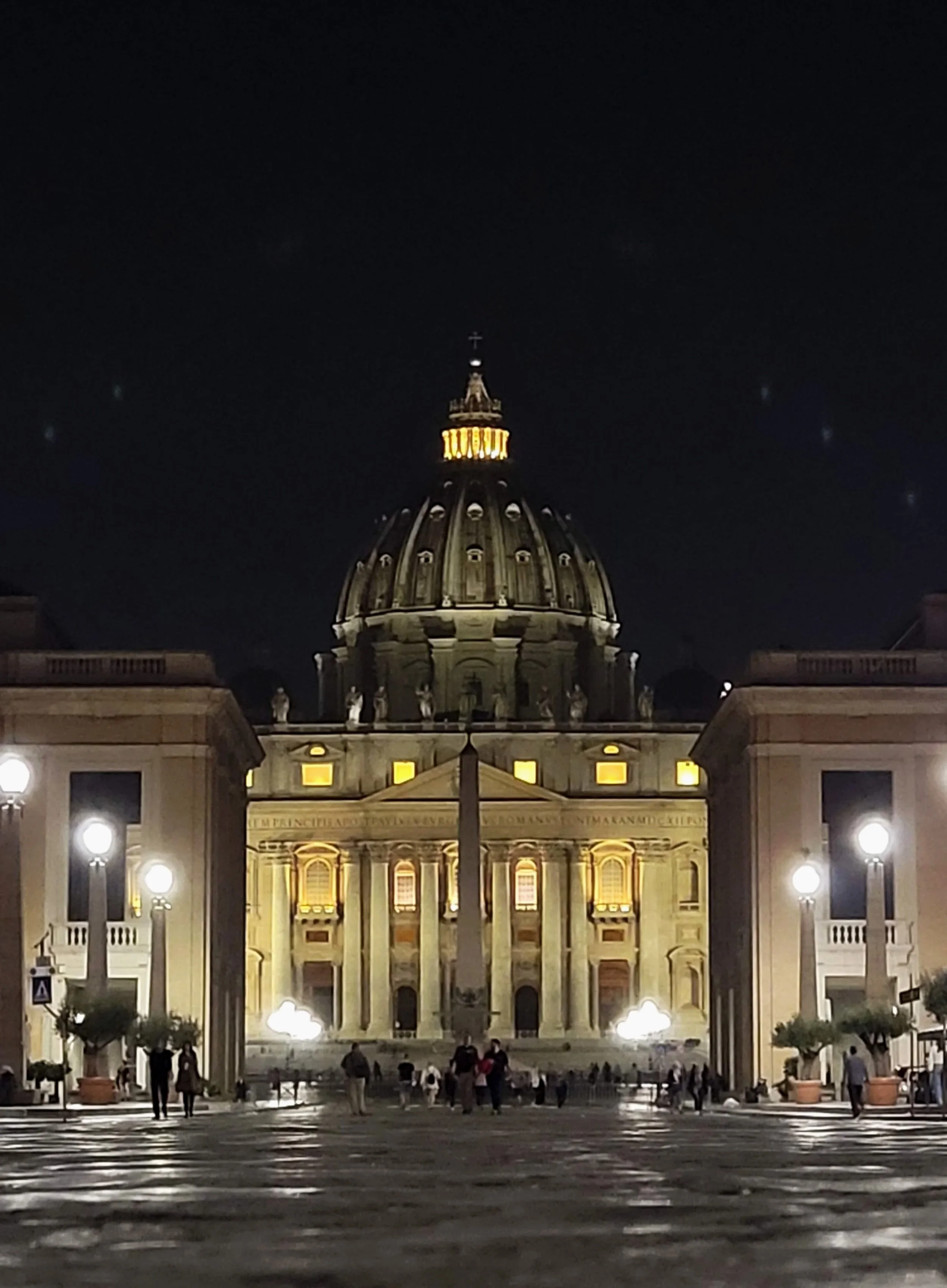 St Peter's lit up at night. The duomo is centered in the frame in the distance.