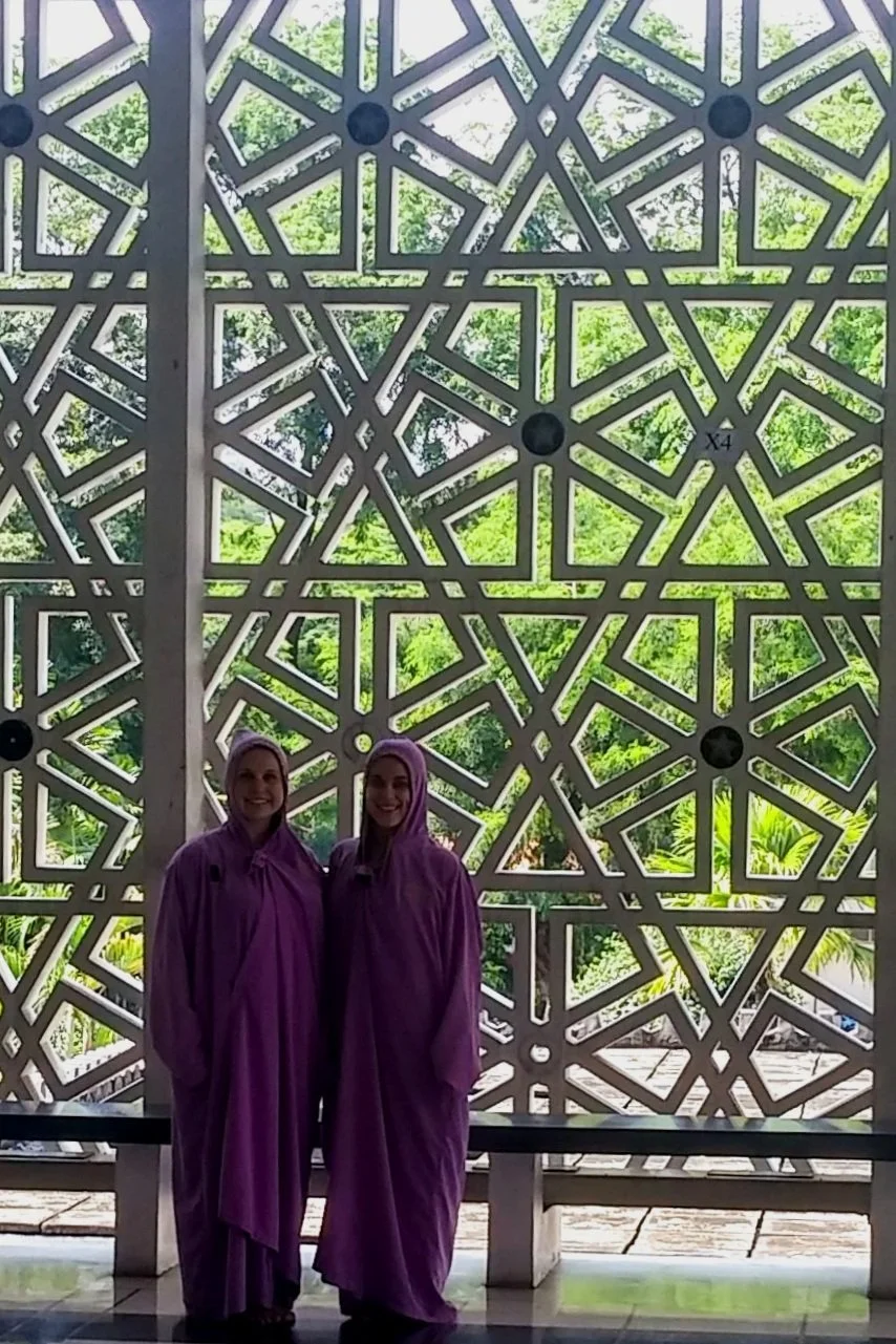 Andie and I dressed in the purple coverings provided to us infront of a patterned open air barrier.
