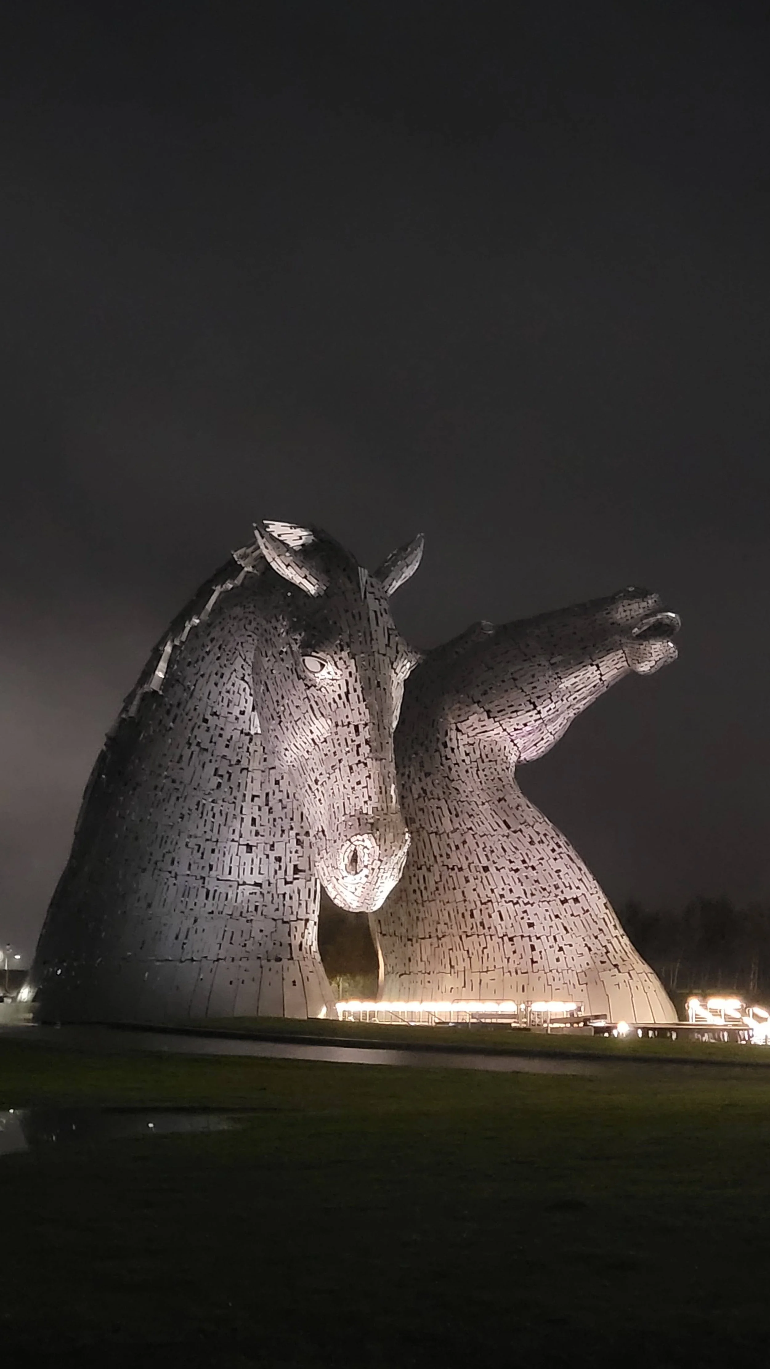 Two horse heads towering up out of a pool of water. It is night time and they are lit up by spotlights