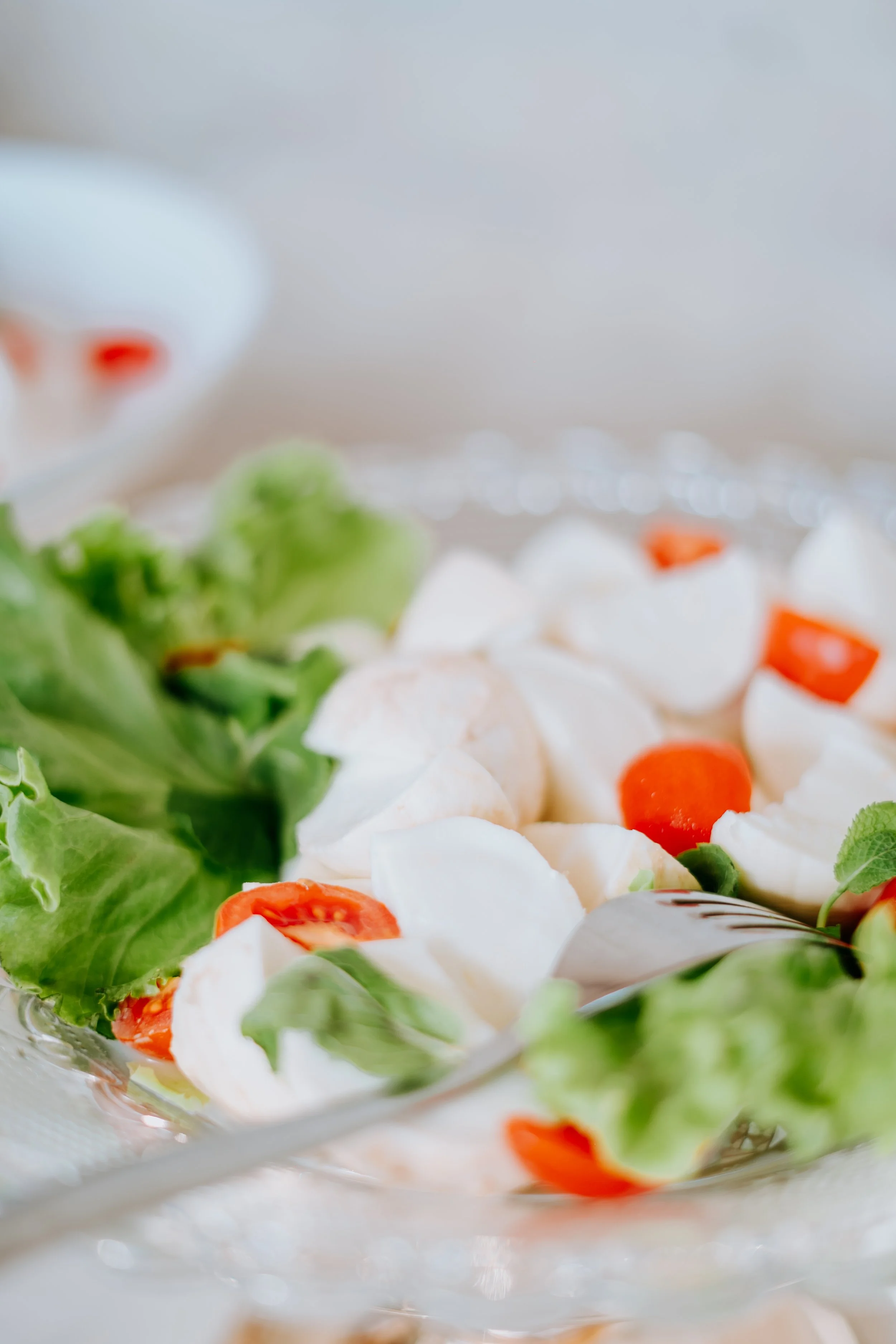 Close-up of a fresh vegetable salad with lettuce, cherry tomatoes, and mozzarella cheese in a glass bowl.