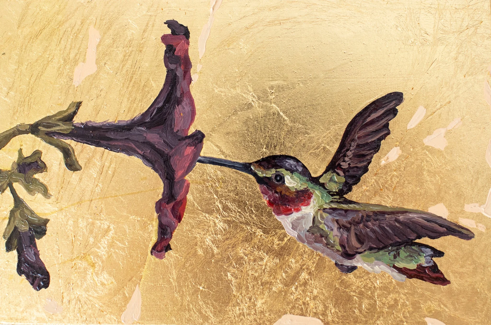 Painting of a hummingbird feeding from a purple flower against on a gold leaf background.