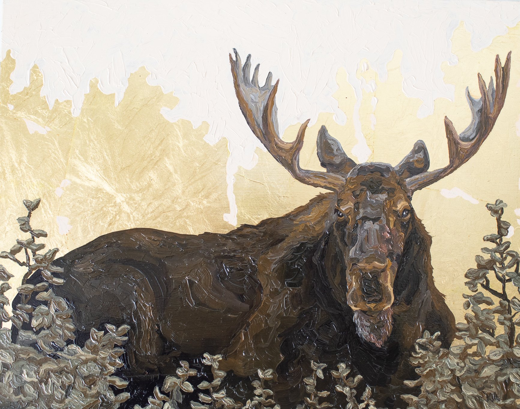 Painting of a moose with large antlers surrounded by foliage, with a gold leaf forest background.
