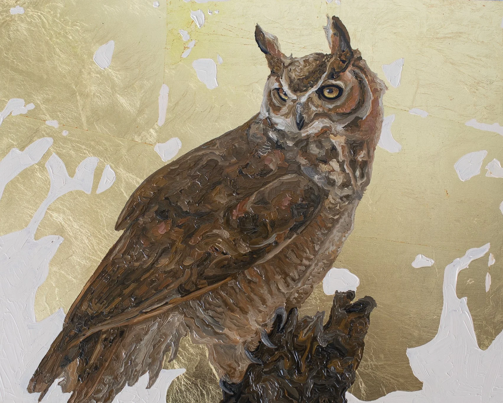 A painting of an owl with detailed brown and gray feathers, perched on a branch against a background of gold leaf.