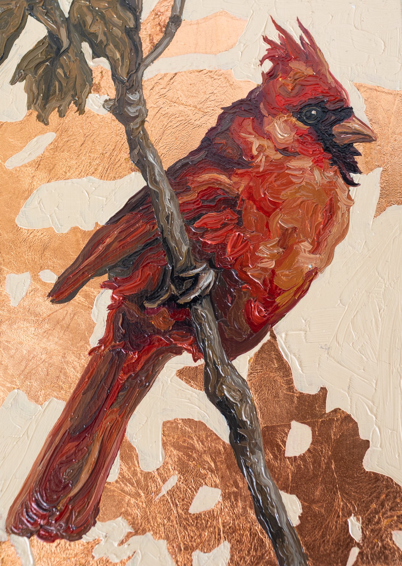 A painting of a red cardinal bird perched on a branch with a textured background of beige and copper tones.