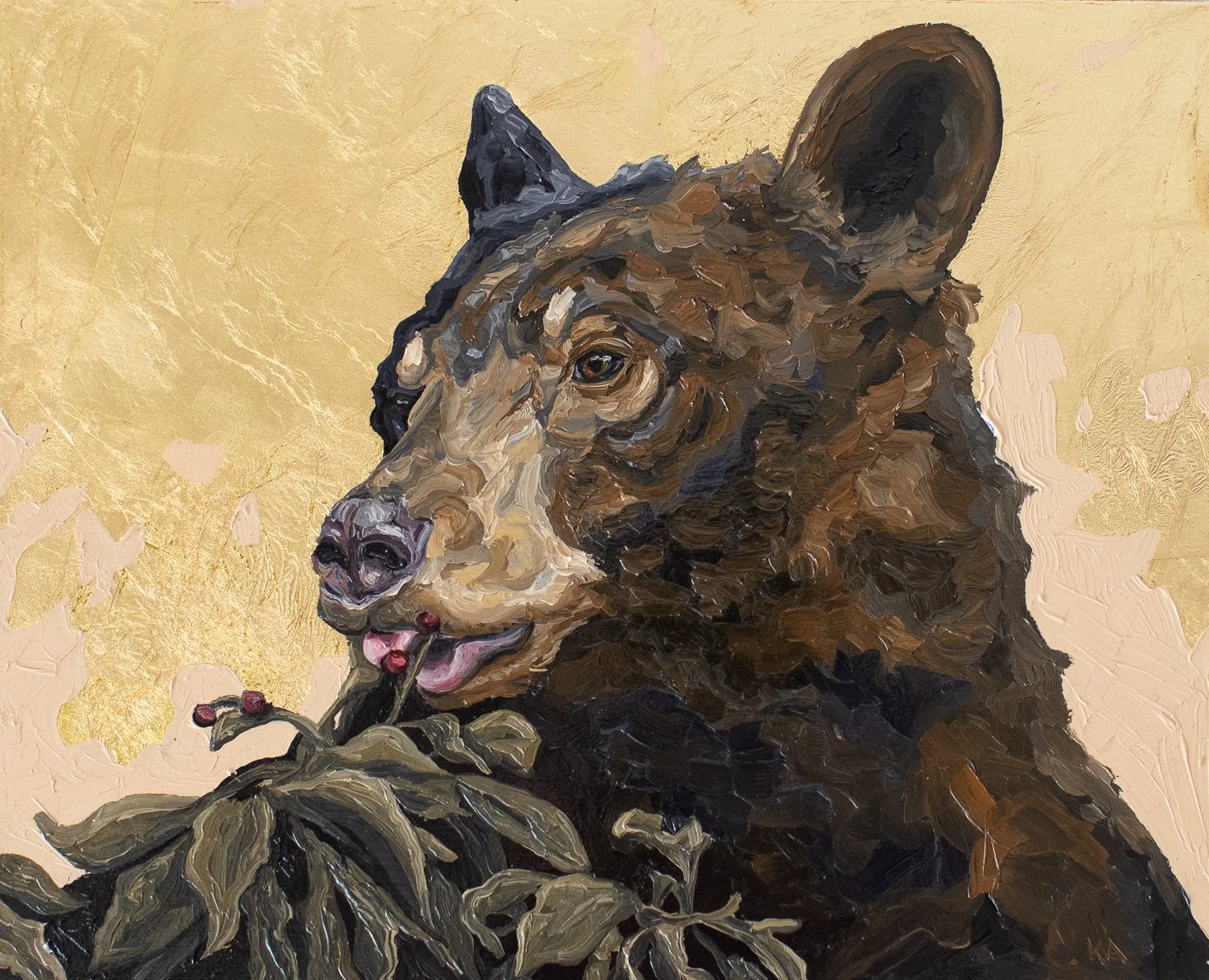 A detailed painting of a bear's head and upper body, holding a branch with berries in its mouth, against a gold foil background.