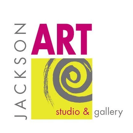 Logo for Jackson Studio & Gallery featuring a yellow square with a gray spiral, and text 'JACKSON ART studio & gallery' with 'ART' in large magenta letters.