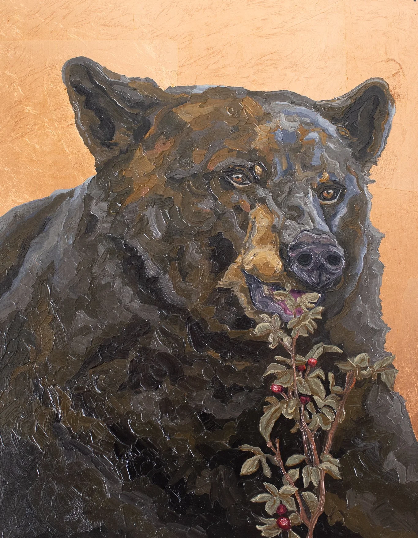 Oil painting of a black bear eating red berries from a plant in a copper leaf background.