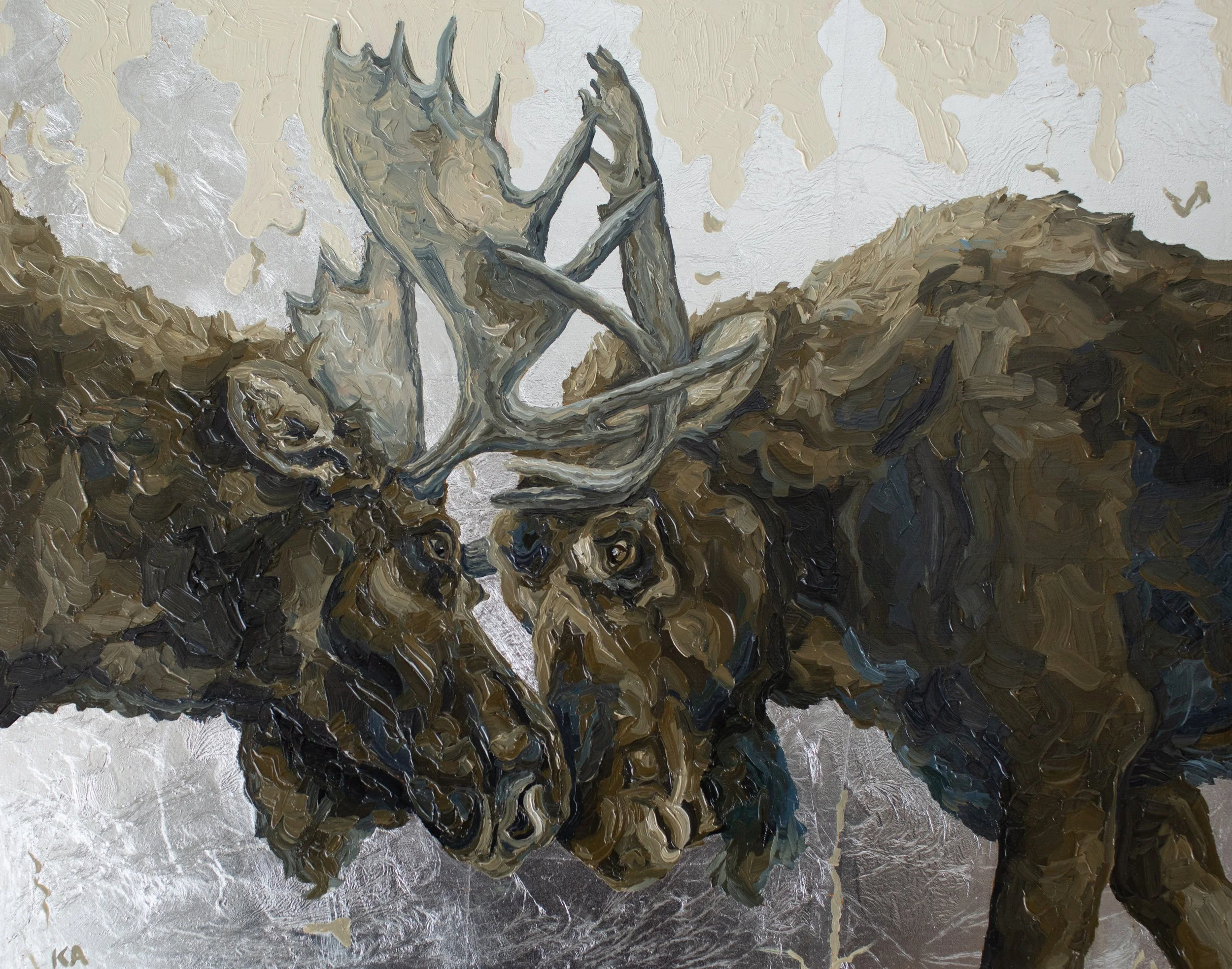 Painting of two deer locking antlers, with detailed brushstrokes and a silver leaf forest background.