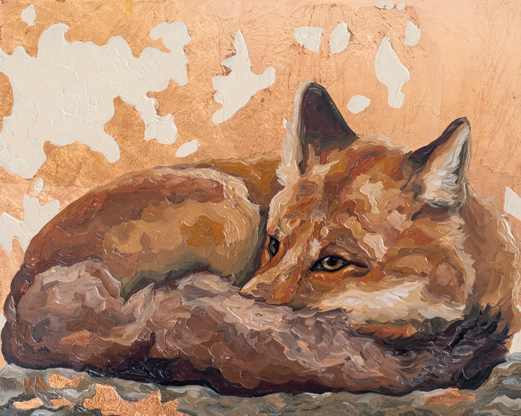 A painting of a resting fox with warm earthy tones, against a textured copper background, showcasing detailed fur and expressive eyes.
