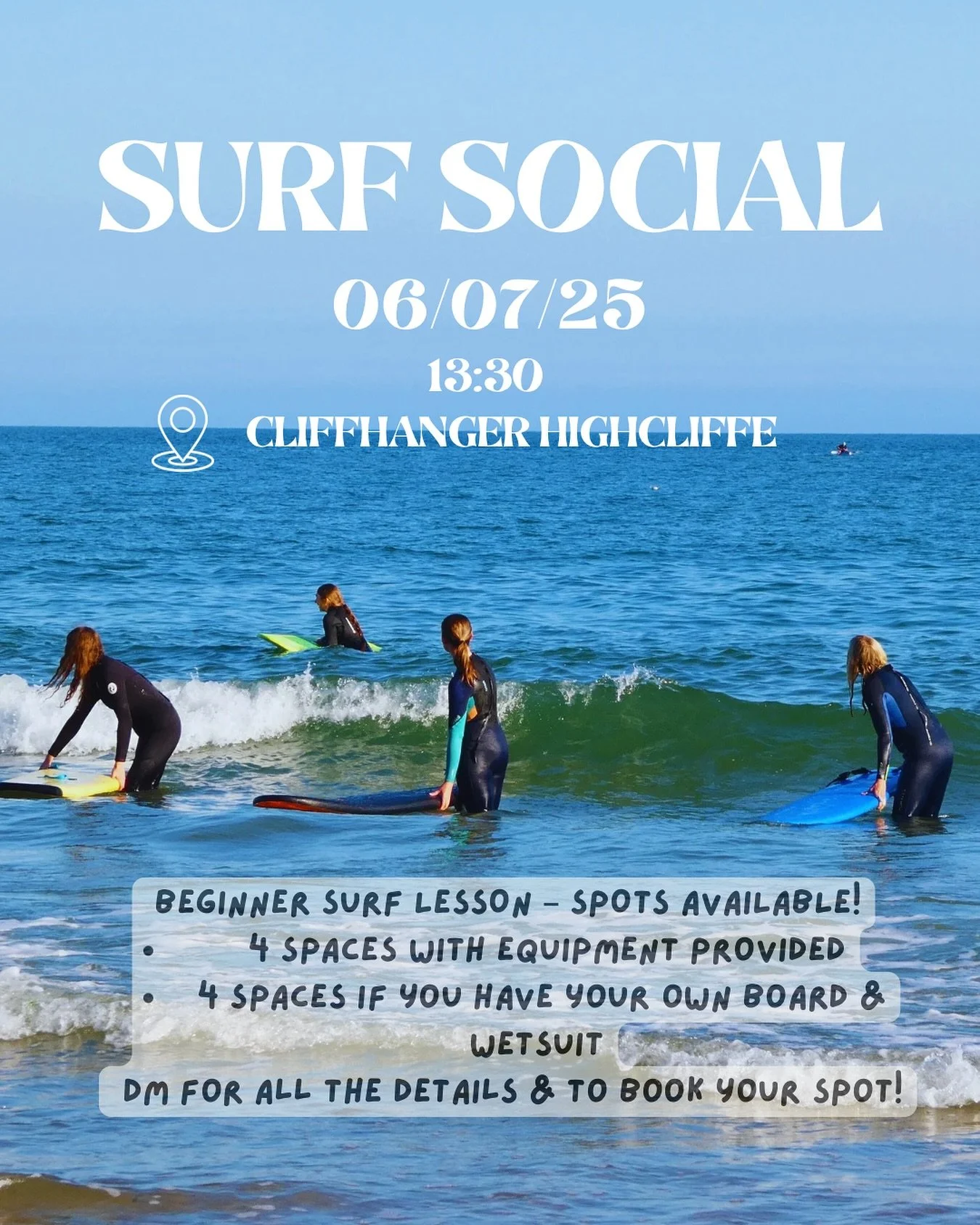 Surf Social this Sunday afternoon at 1:30pm at Cliffhanger, Highcliffe! 🌊
Beginner lessons will be available &ndash; limited spots, so drop me a message if you&rsquo;re keen to join! 🏄&zwj;♀️✨