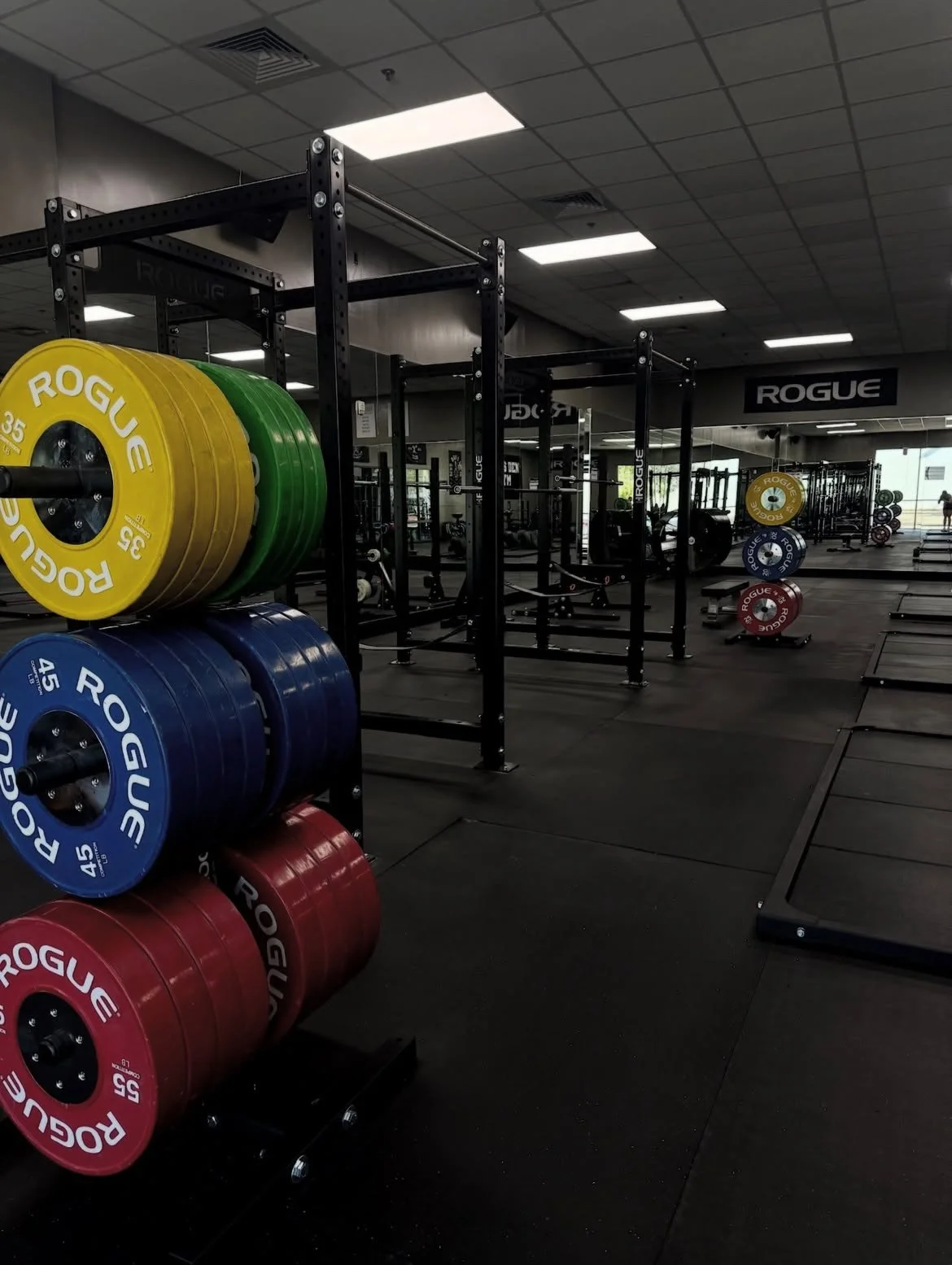 Inside a gym with weightlifting equipment, including colorful weight plates stacked on racks, squat racks, and a rubberized floor.