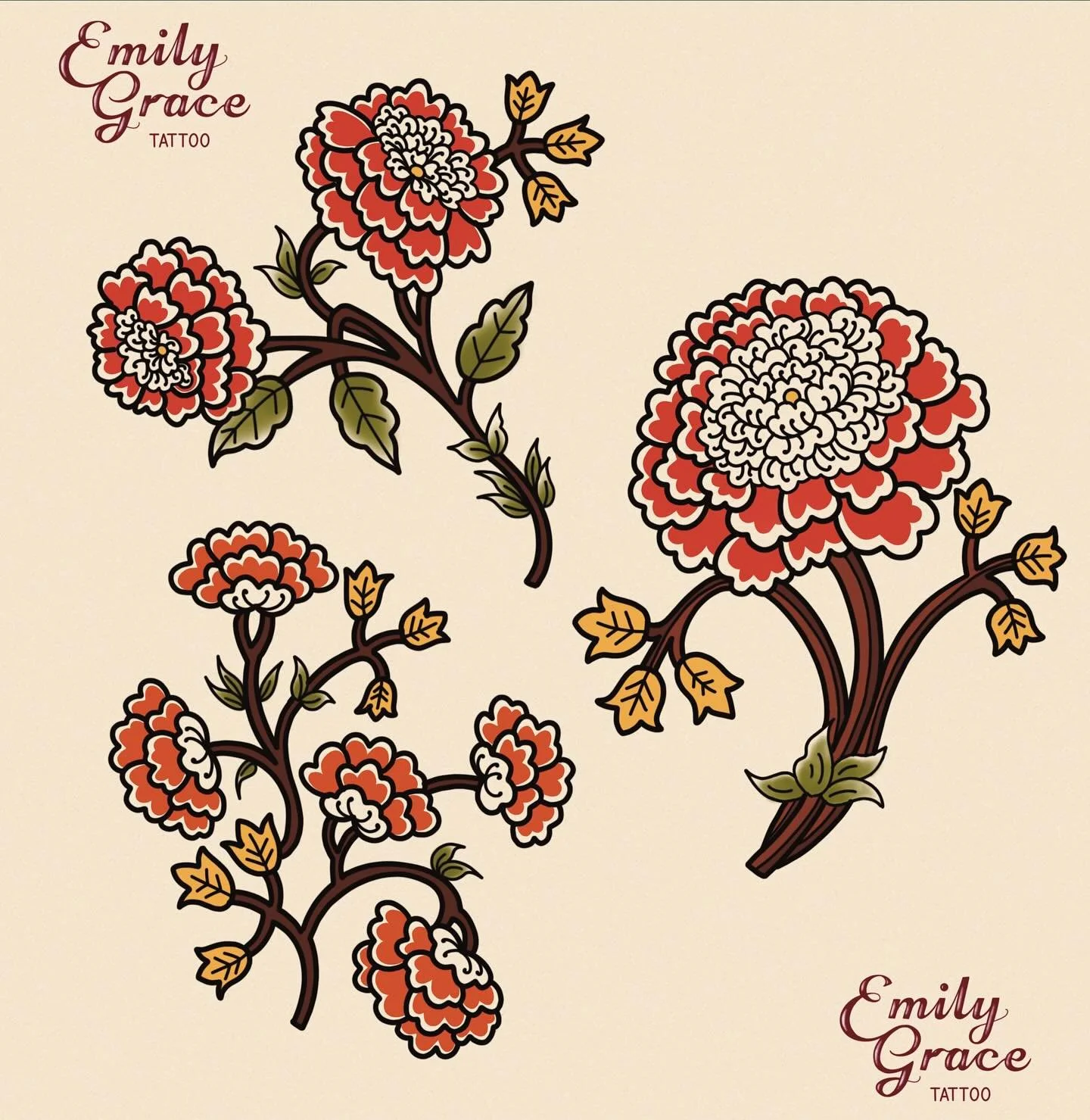 A few new bold line marigolds available to be tattooed ✺

I think these would work well on their own but I&rsquo;ve also shown a couple of examples of how cool they would look repeated into full sleeves! I&rsquo;d be super happy to make them in black