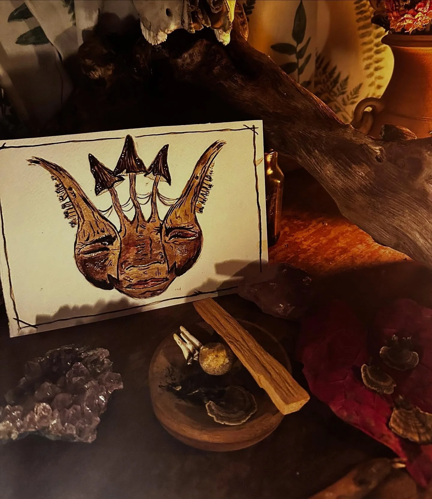 Samhain 🌚🖤
i held a ceremony for myself &amp; my ancestors 
calling in guidance 
and following 

finding that the lesson of being alone
is to learn that i&rsquo;m not

this painting is made entirely of natural inks, from oak, amanita muscaria &amp;