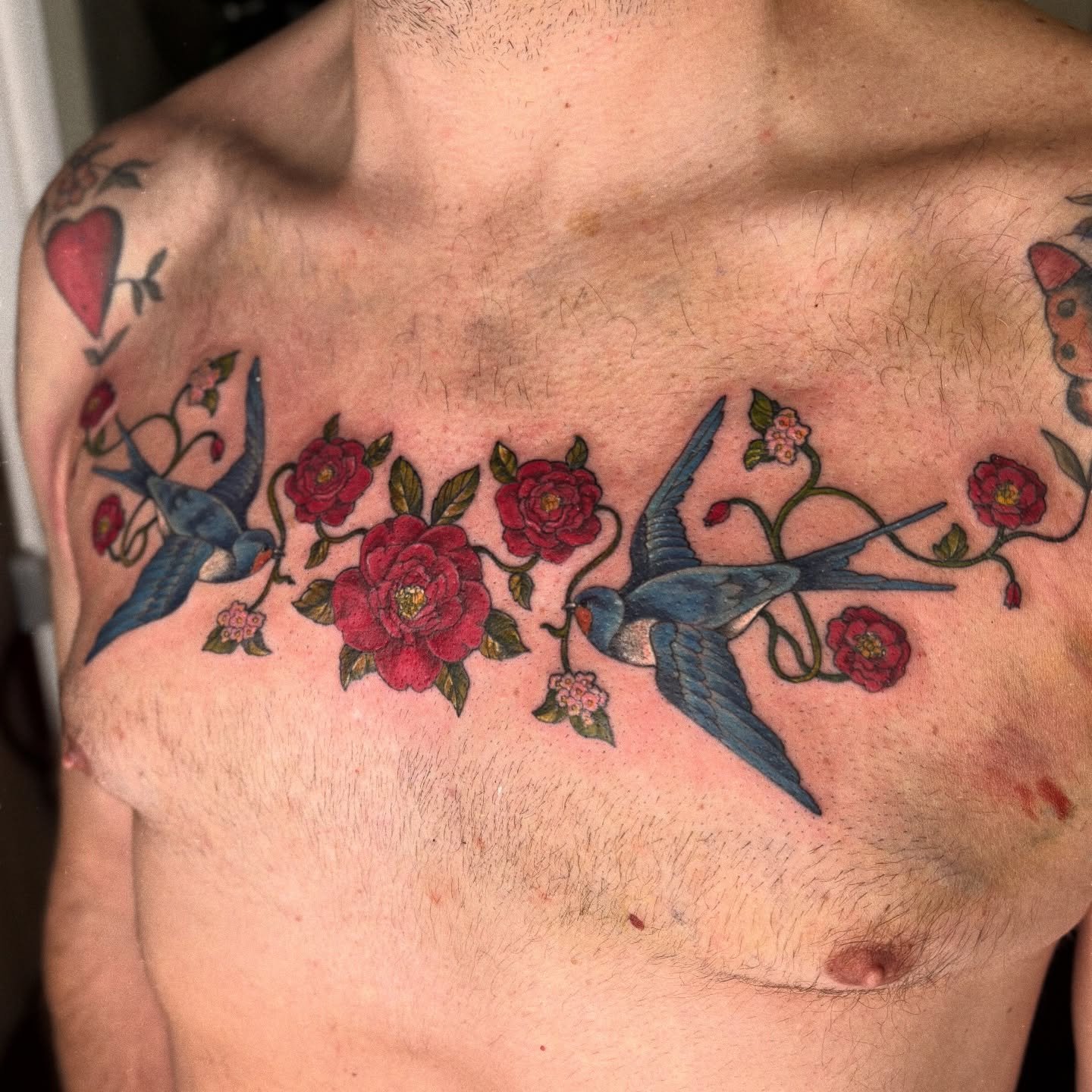 A chest piece made for Toby to connect his existing shoulder tattoos ✺

Made over two sessions with the lines &amp; darkest shading done in the first, as seen in the last progress photo. Thank you for the trust @butterworth_decorators !

#chesttattoo