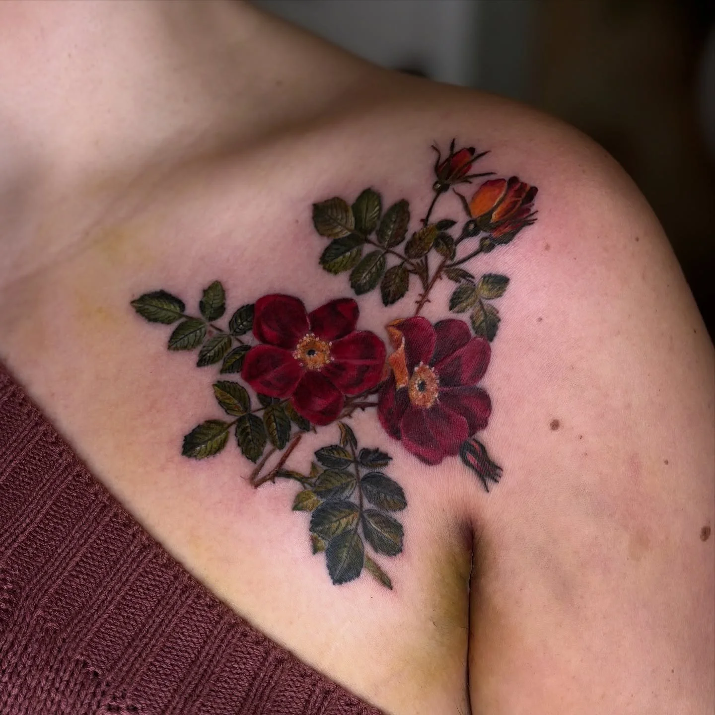Wild roses made over two sessions for Naomi 🥀

We did the outlines and shadows on the first day and the colour on the second, swipe to see the healed stage we were at when we started the second session! Red &amp; green are definitely my favourite co
